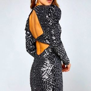 Bebe Drama Sleeve Open Back Sequin Mini Dress